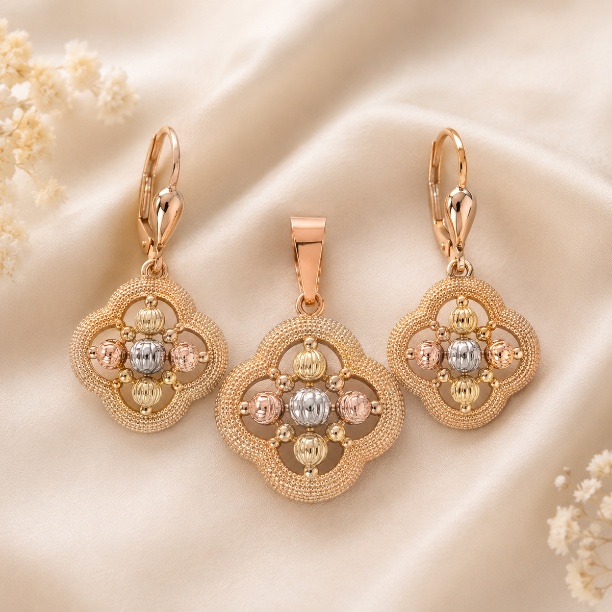 Rose Gold Tri-Tone Floral Pendant Set