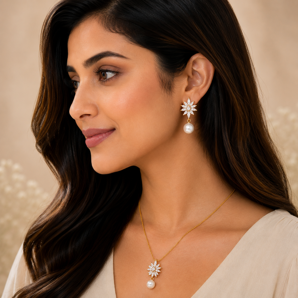 Gold Floral Pearl Pendant Set with Chain