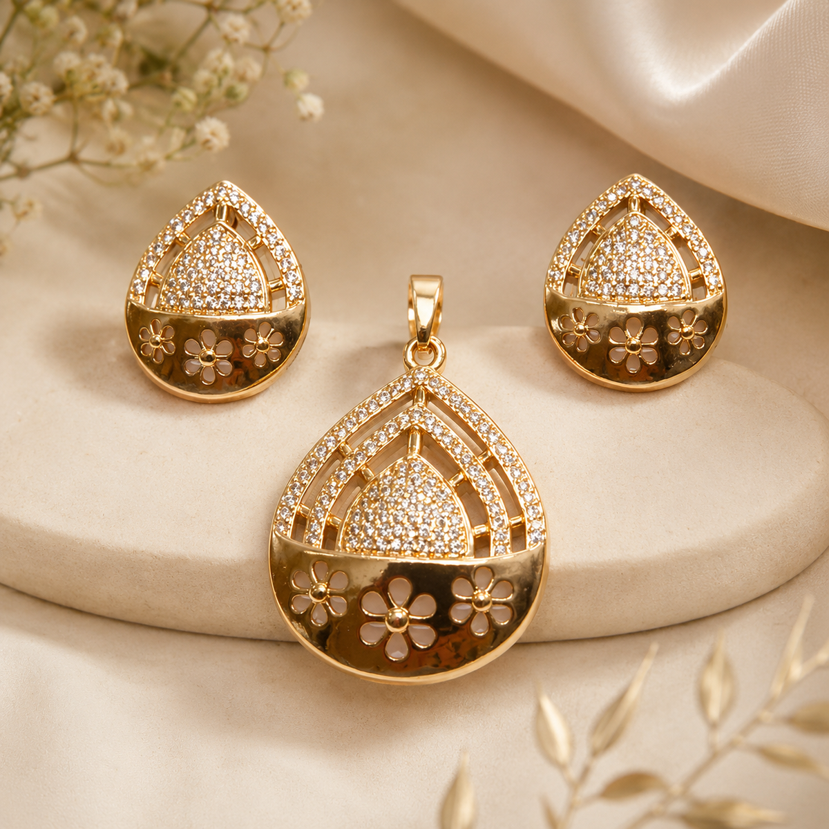 Rose Gold Floral drop Pendant & Earring Set