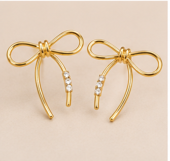 Gold Bow Knot Statement Earrings with Crystal Accents