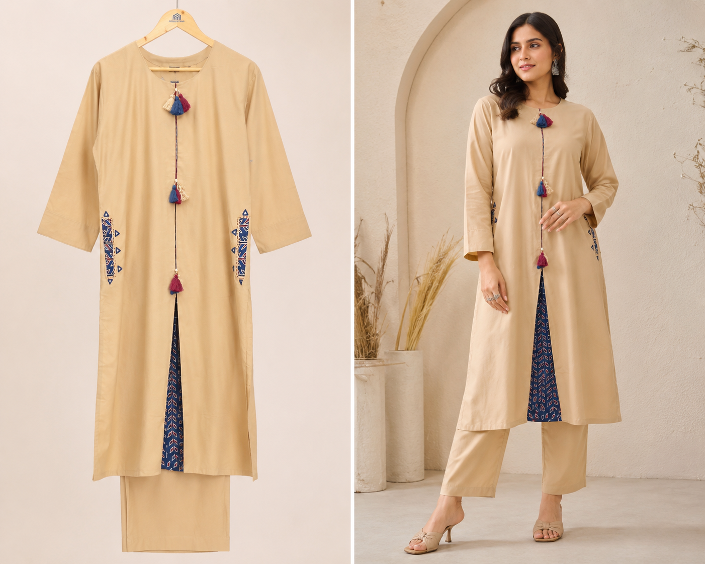 Premium Cotton Cord Set – Beige with Navy Blue Hand Block-Inspired Printed Detailing
