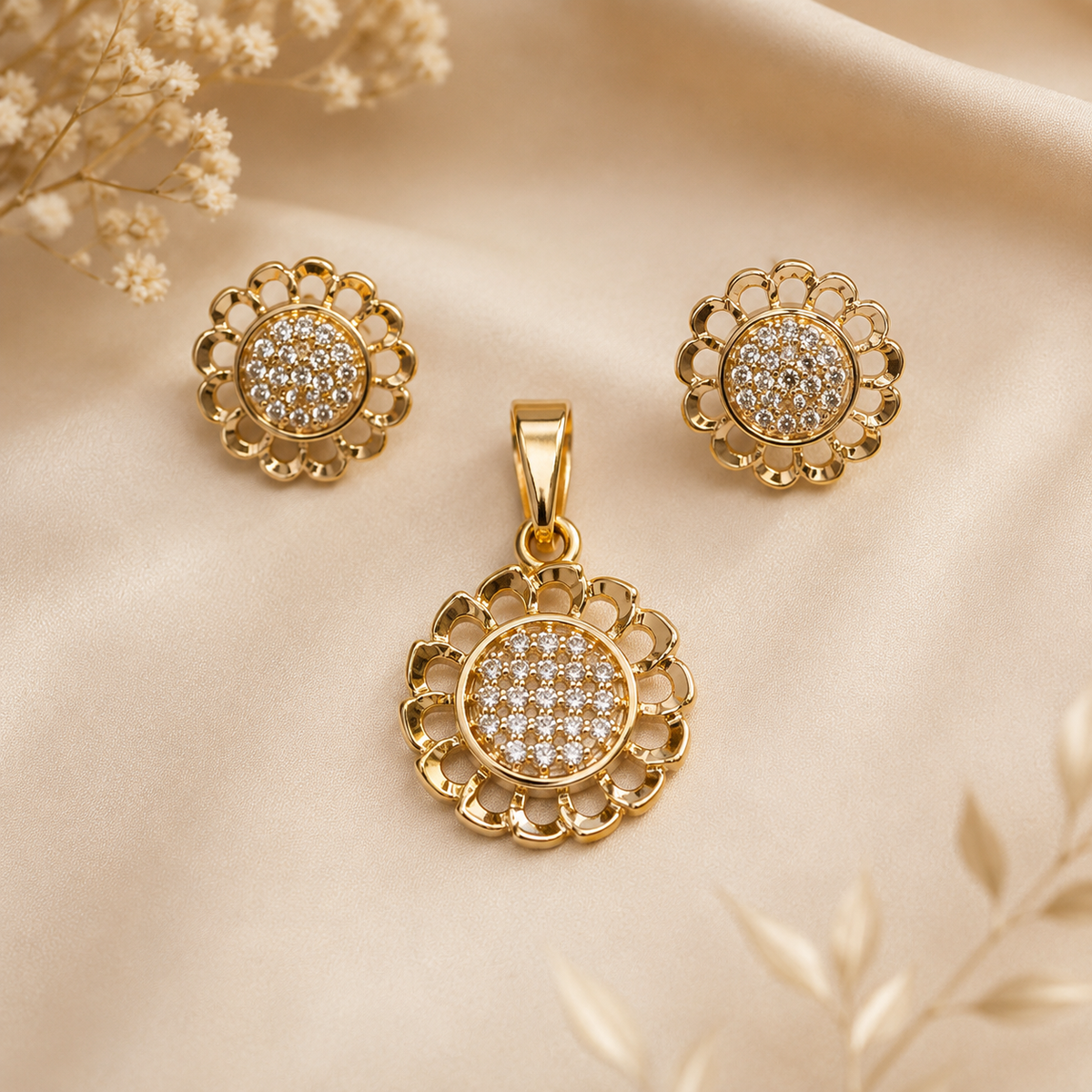 Rose Gold Floral Sparkle Pendant & Earring Set