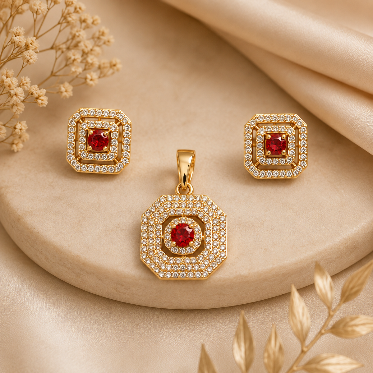 Rose Gold Ruby Red Geometric Pendant & Earring Set