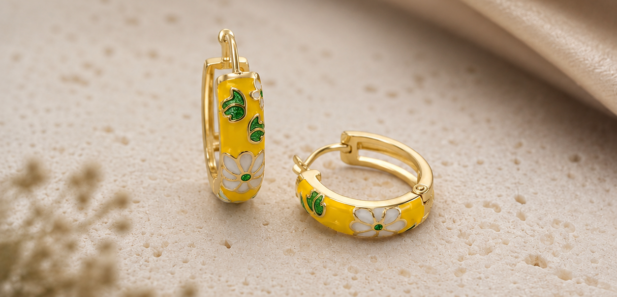 Floral Enamel Hoop Earrings – Yellow Daisy Collection