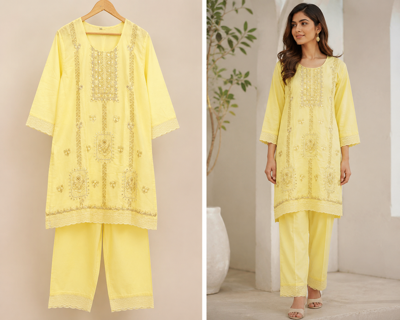 Lemon Yellow Embroidered Cotton Cord Set
