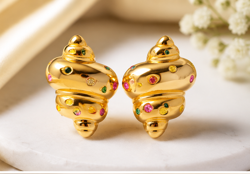 Gold-Tone Spiral Stud with Multicolor CZ Accent