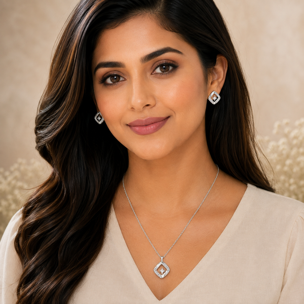 Silver Square Pendant Set with Chain