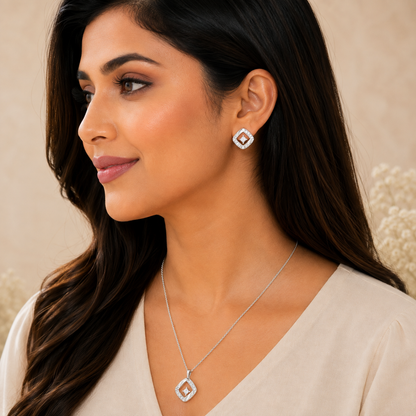 Silver Square Pendant Set with Chain