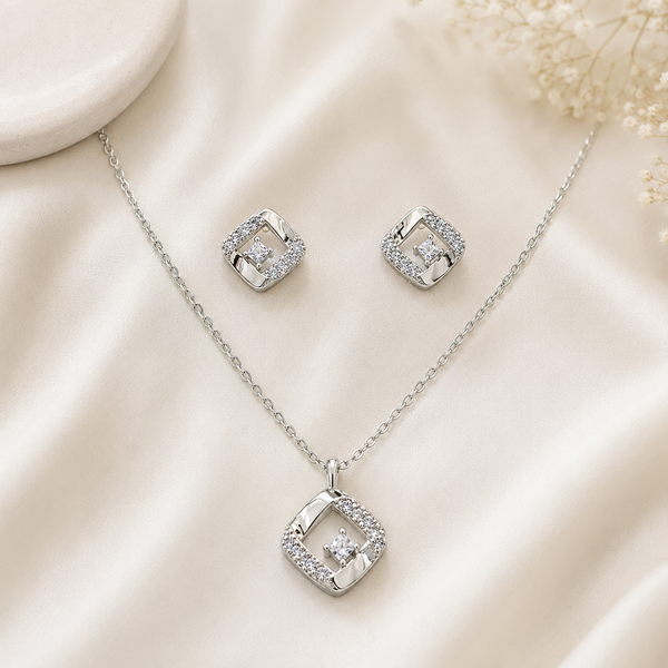 Silver Square Pendant Set with Chain