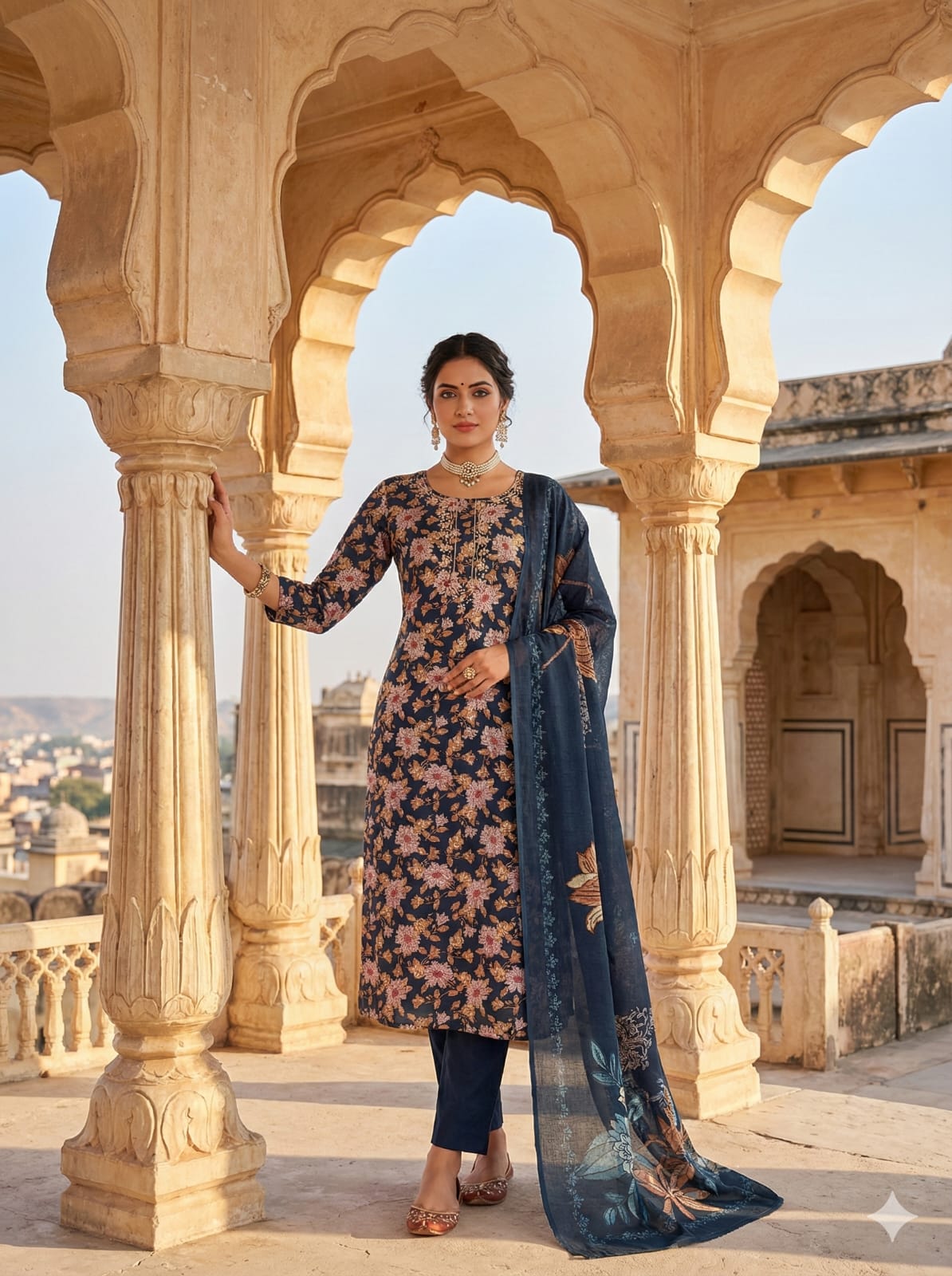 Navy Blue Floral Suit Set