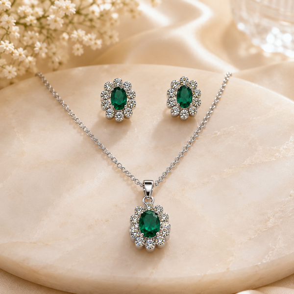 Silver Emerald Halo Pendant Set with Chain