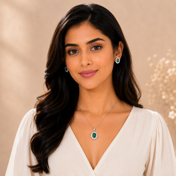 Silver Emerald Halo Pendant Set with Chain