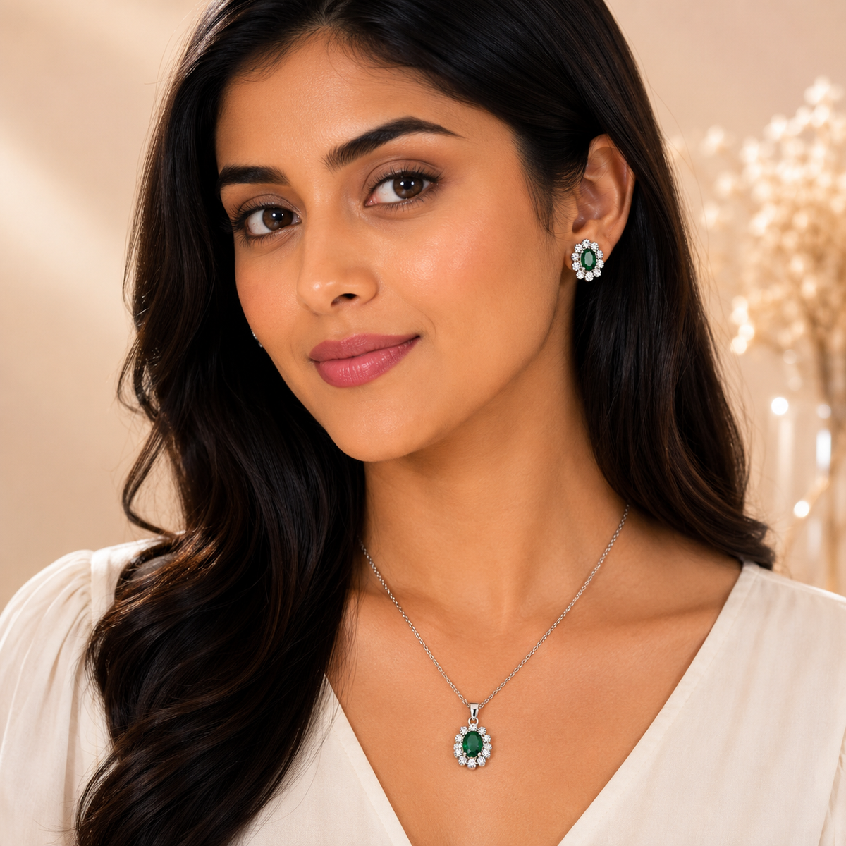 Silver Emerald Halo Pendant Set with Chain