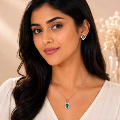 Silver Emerald Halo Pendant Set with Chain