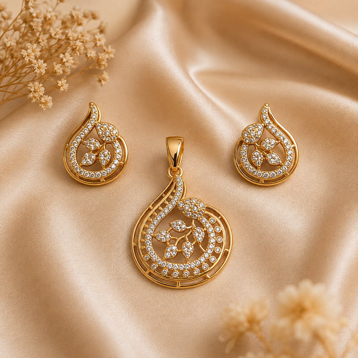 Rose Gold Swirl Floral Crystal Pendant & Earring Set
