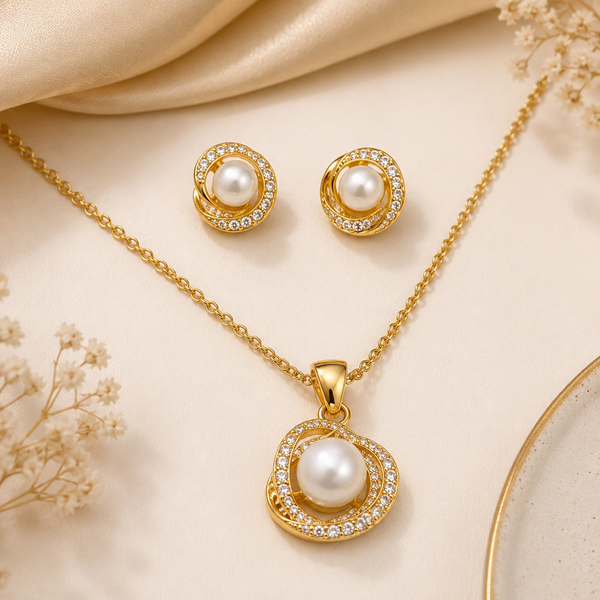 Gold Pearl Pendant Set with Chain