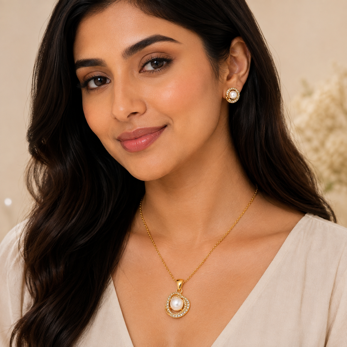 Gold Pearl Pendant Set with Chain