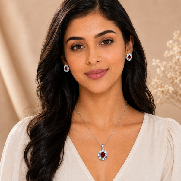 Silver Ruby Halo Pendant Set with Chain