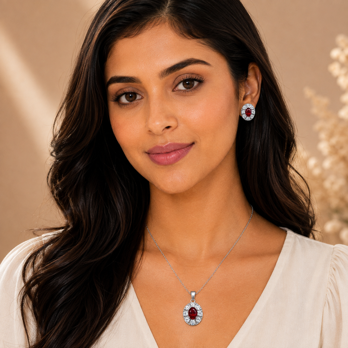 Silver Ruby Halo Pendant Set with Chain
