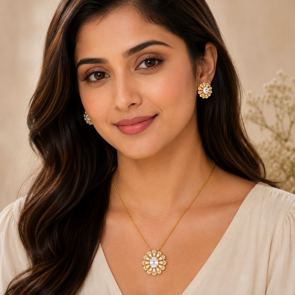 Gold Floral Pendant Set with Chain