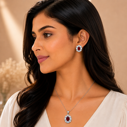Silver Ruby Halo Pendant Set with Chain