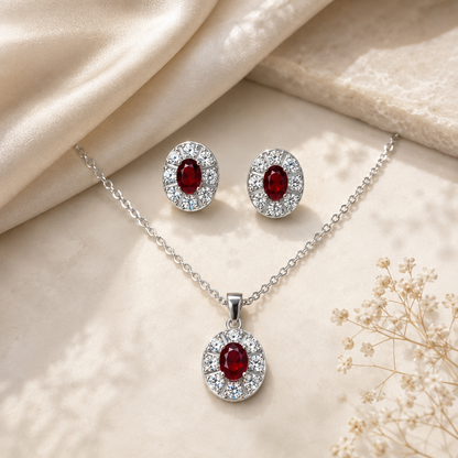 Silver Ruby Halo Pendant Set with Chain