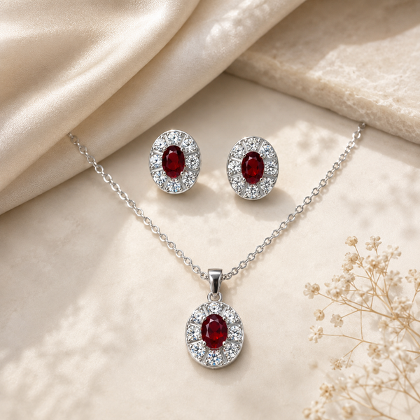 Silver Ruby Halo Pendant Set with Chain