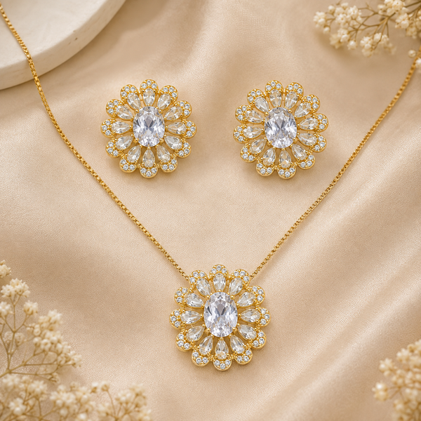 Gold Floral Pendant Set with Chain