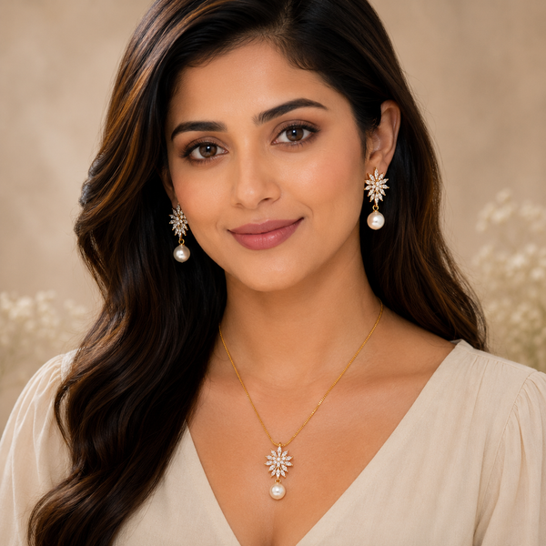 Gold Floral Pearl Pendant Set with Chain