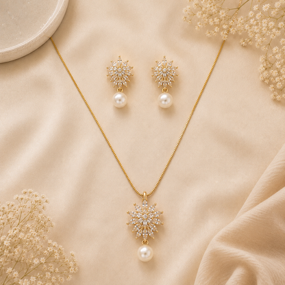 Gold Floral Pearl Pendant Set with Chain