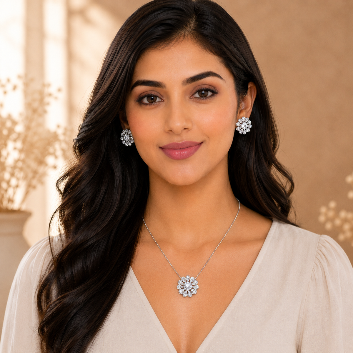Silver Floral Pendant Set with Chain