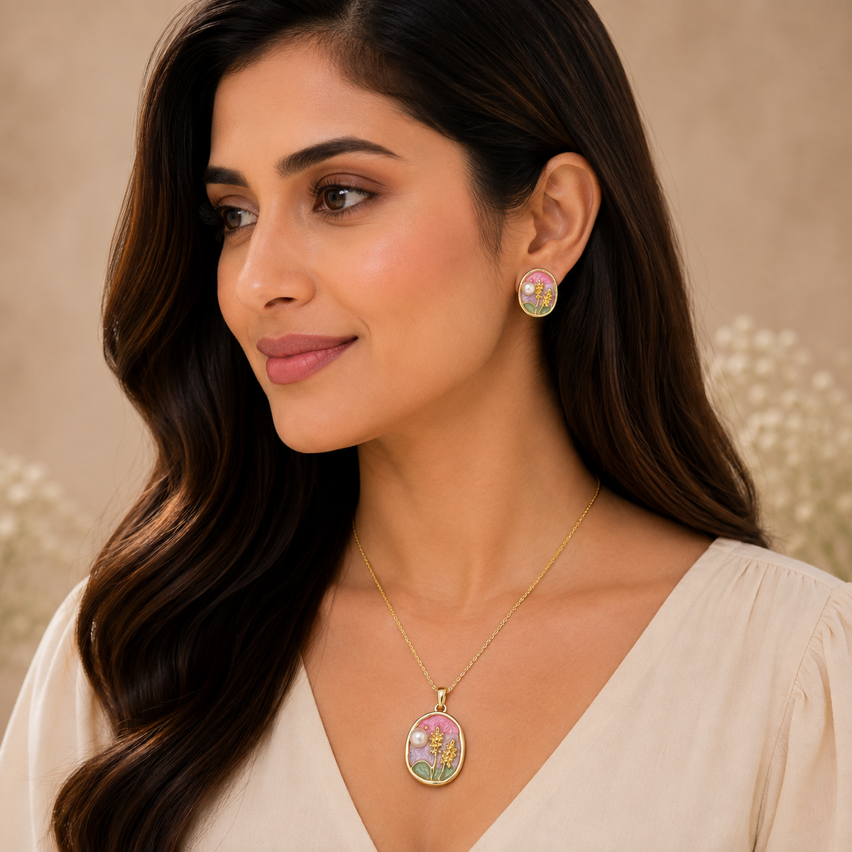 Gold Floral Enamel Pendant Set with Chain