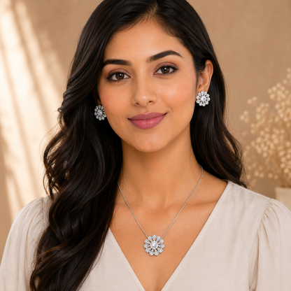 Silver Floral Pendant Set with Chain