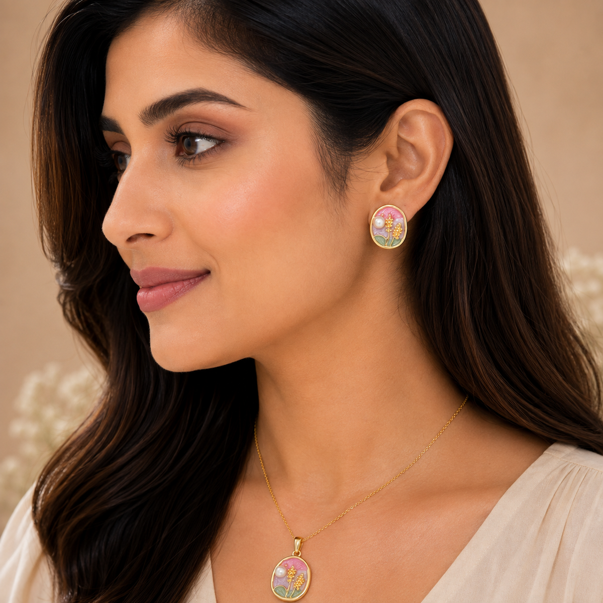 Gold Floral Enamel Pendant Set with Chain