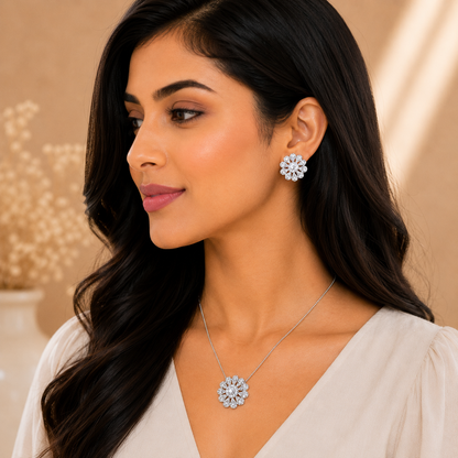 Silver Floral Pendant Set with Chain