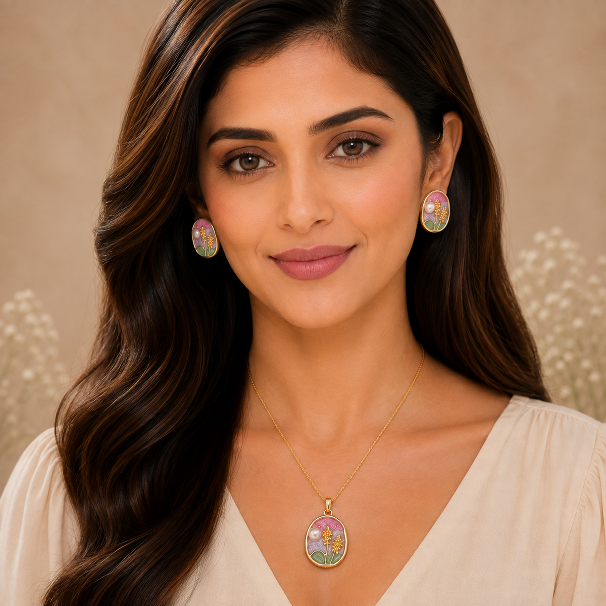 Gold Floral Enamel Pendant Set with Chain