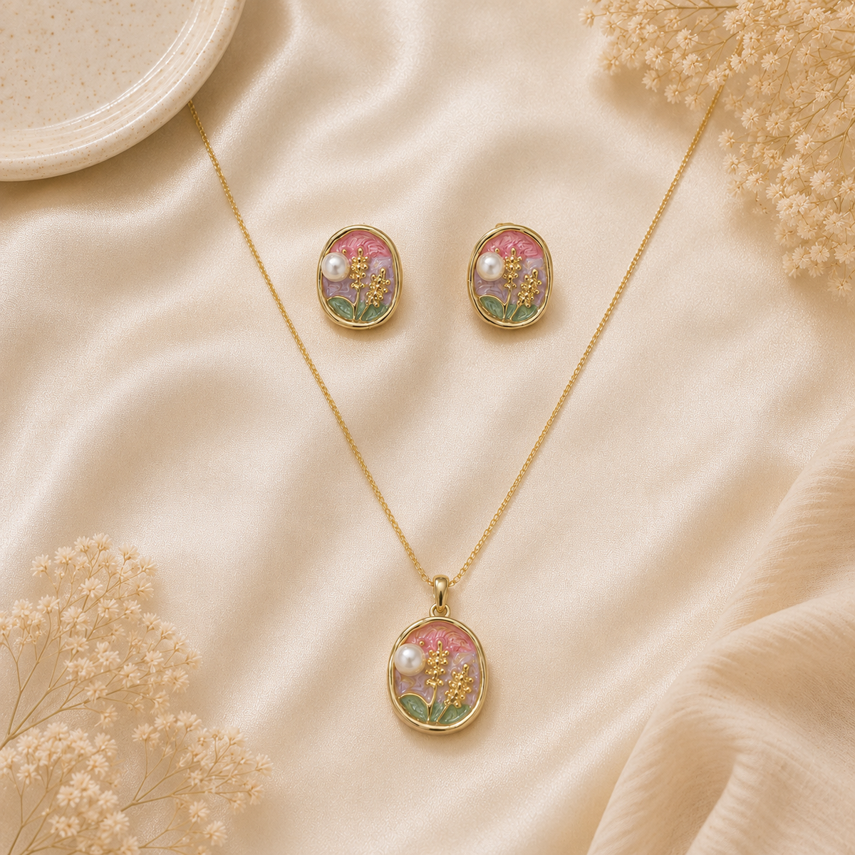 Gold Floral Enamel Pendant Set with Chain