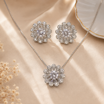 Silver Floral Pendant Set with Chain