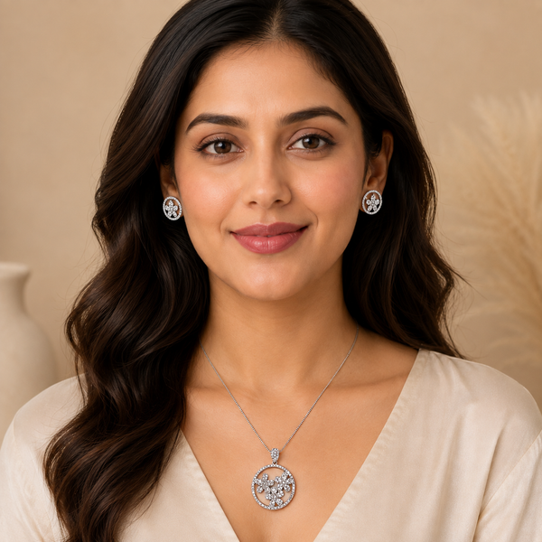 Silver Floral Cluster Pendant Set with Chain