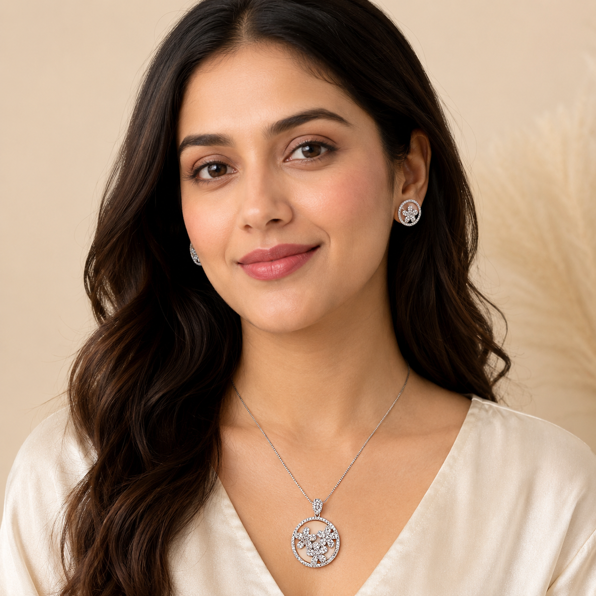 Silver Floral Cluster Pendant Set with Chain