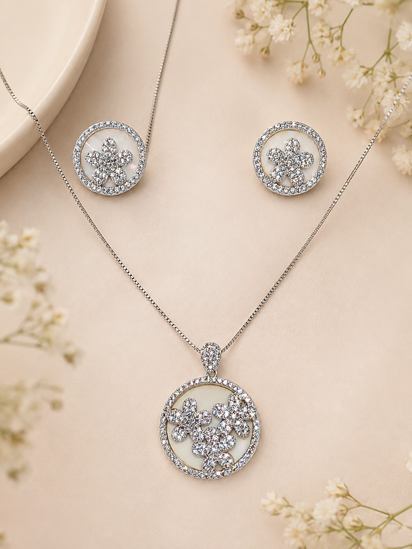 Silver Floral Cluster Pendant Set with Chain