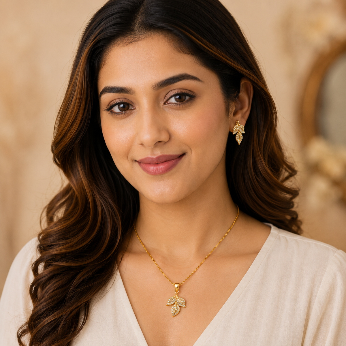 Gold Leaf Pendant Set with Chain