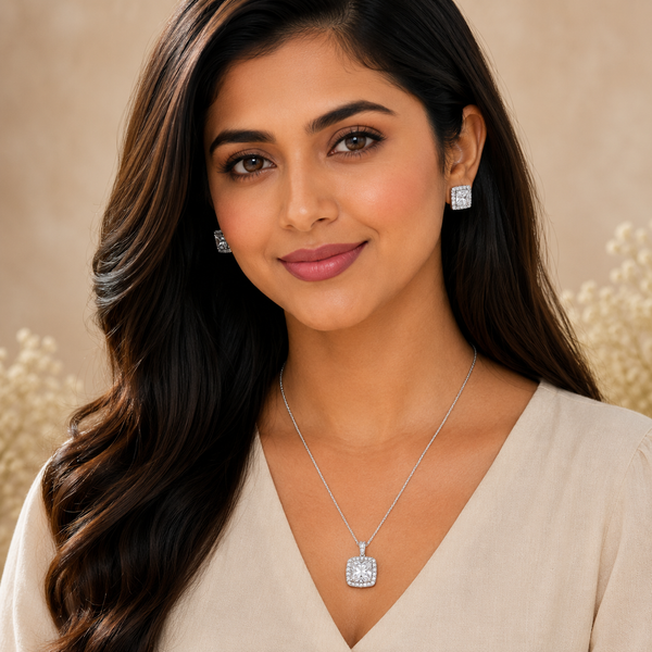 Silver Cushion Cut Pendant Set with Chain
