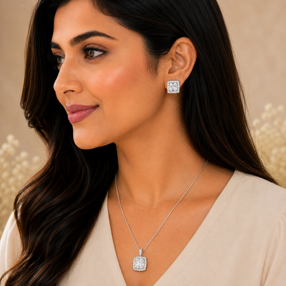 Silver Cushion Cut Pendant Set with Chain