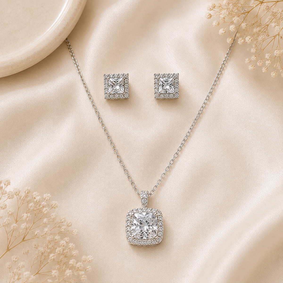 Silver Cushion Cut Pendant Set with Chain