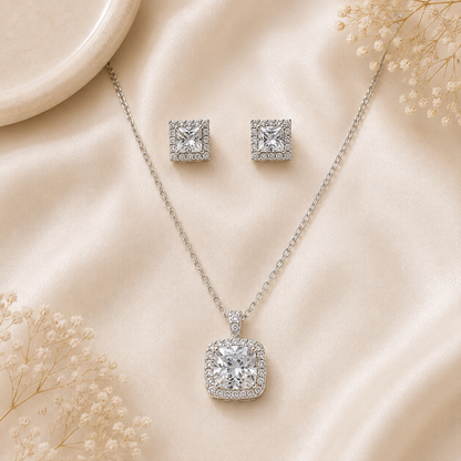 Silver Cushion Cut Pendant Set with Chain