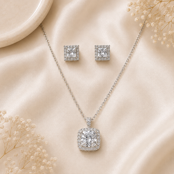 Silver Cushion Cut Pendant Set with Chain
