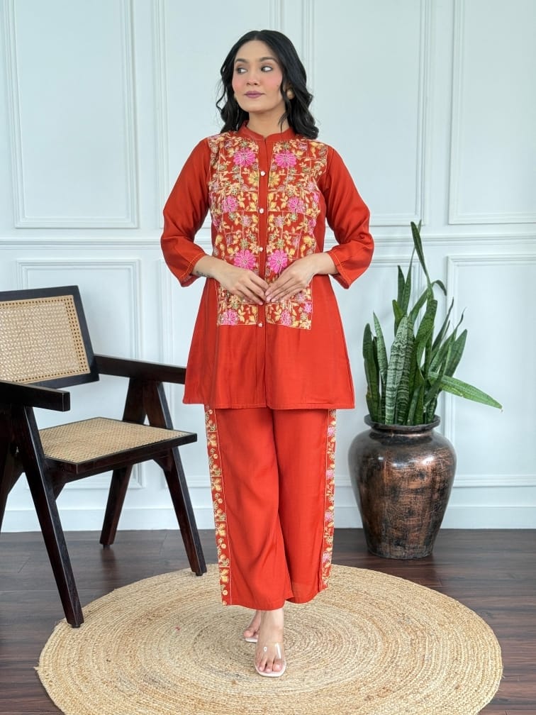Rust Orange Embroidered Co-Ord Set