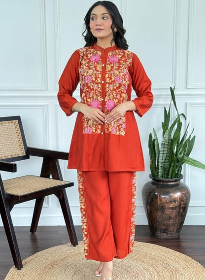 Rust Orange Embroidered Co-Ord Set