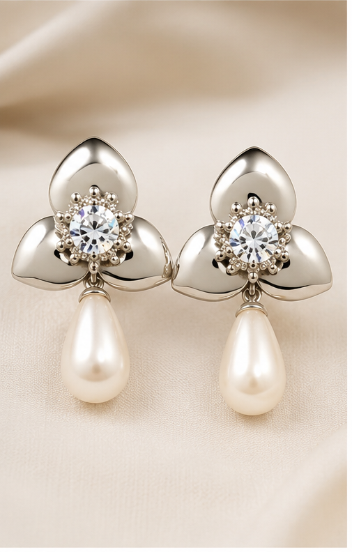 Silver-Tone Floral Pearl Drop
